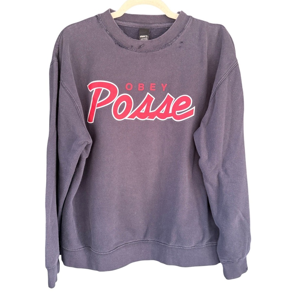 C3‎ Obey Posse Distressed Vintage Graphic Sweatshirt Navy Blue Large Streetwear